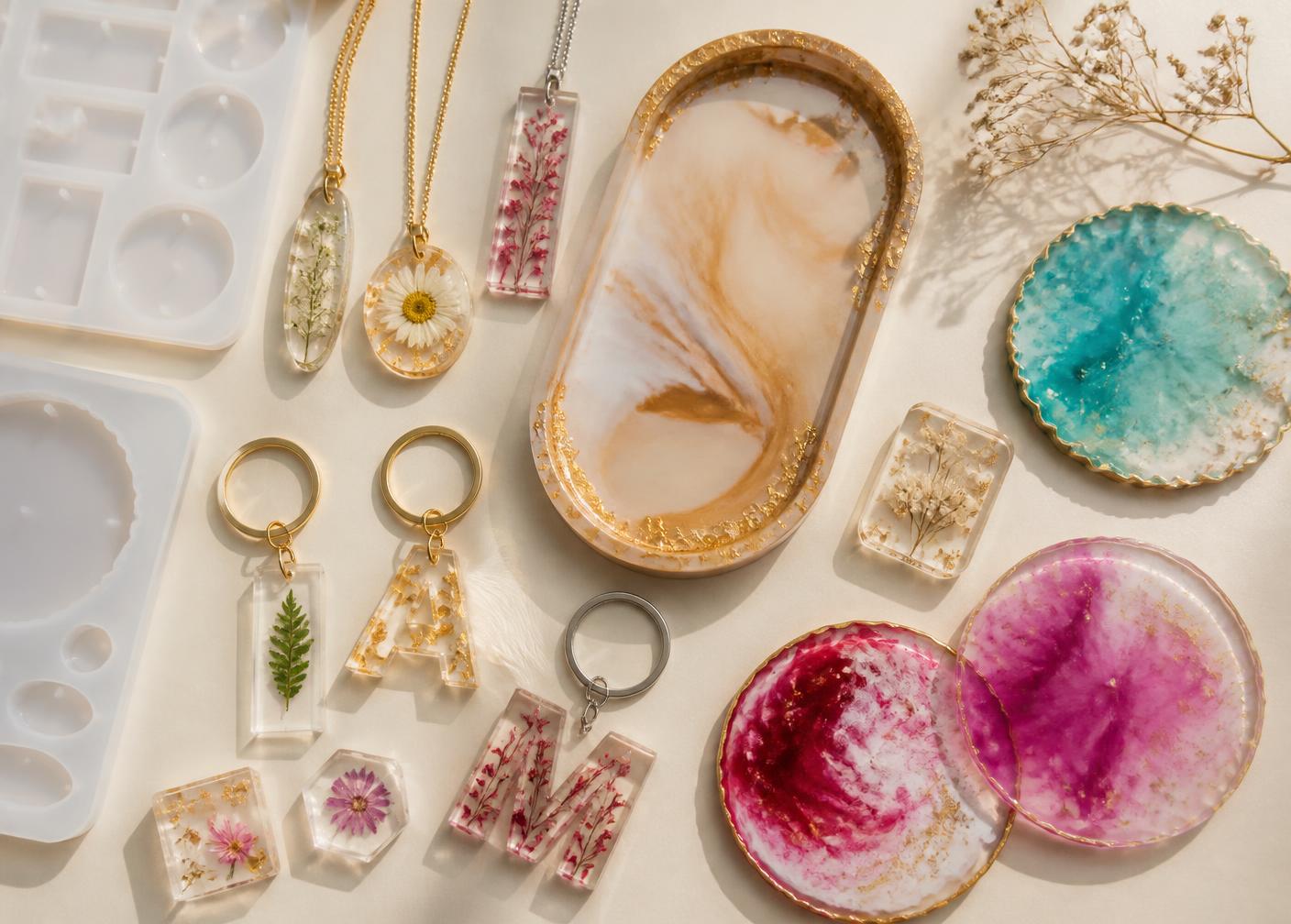 Handmade resin jewelry, keychains, trays and coasters made with craft supplies